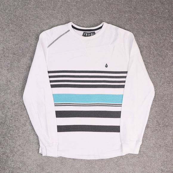 Volcom Striped Waffle Knit Medium White Blue Black Long Sleeve T-Shirt - Picture 1 of 10